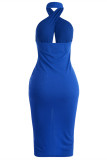 Red Fashion Sexy Patchwork Hollowed Out Backless Fold Halter Sleeveless Dress