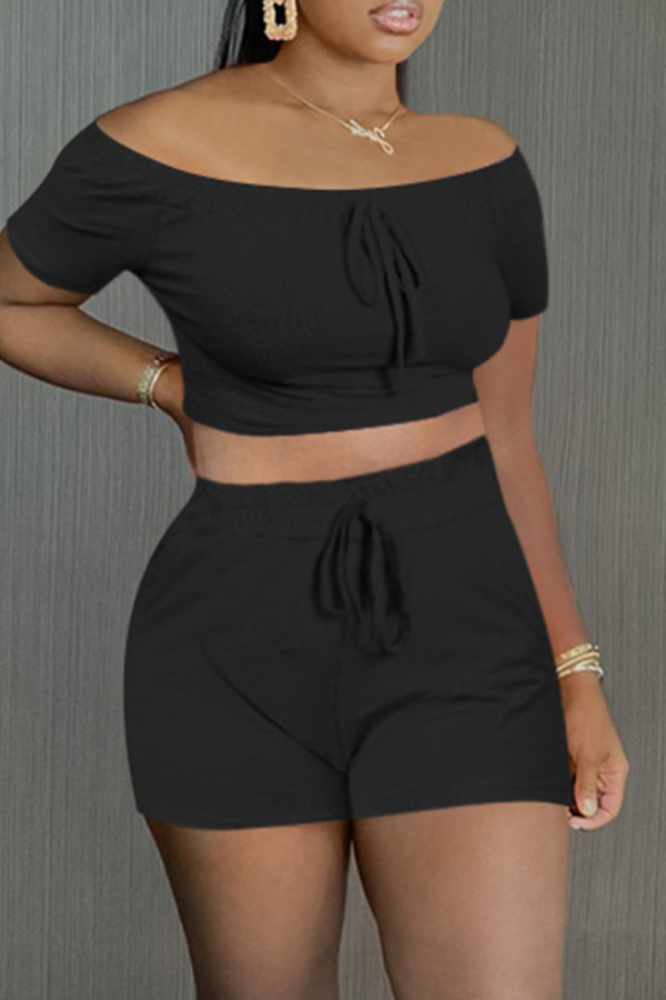 Black Fashion Casual Solid Bandage Off the Shoulder Short Sleeve Two Pieces