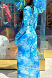 Blue Sexy Print Patchwork See-through Hooded Collar One Step Skirt Dresses