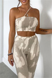 Khaki Sexy Casual Print Backless Strapless Sleeveless Two Pieces