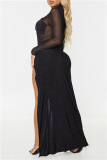 Black Fashion Sexy Patchwork See-through Slit Halter Long Sleeve Dresses