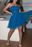 Blue Elegant Solid Patchwork Strapless A Line Dresses