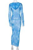 Blue Sexy Print Patchwork See-through Hooded Collar One Step Skirt Dresses