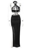 Black Sexy Solid Hollowed Out Backless Slit Halter Long Dress