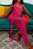 Rose Red Sexy Solid Patchwork Frenulum See-through Backless Asymmetrical Halter Irregular Dress Dresses