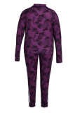 Purple Fashion Casual Letter Camouflage Print Basic Hooded Collar Plus Size Two Pieces
