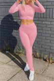 Pink Casual Sportswear Solid Basic Zipper Collar Long Sleeve Two Pieces