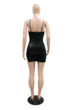 Black Sexy Patchwork Hot Drilling See-through Backless Square Collar Sling Dress Dresses