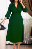 Dark Green Fashion Casual Solid Basic V Neck Dresses