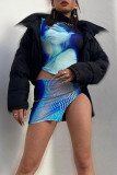 Blue Sexy Street Print Patchwork Slit Turtleneck Long Sleeve Two Pieces