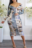 Multicolor Casual Print Patchwork Zipper O Neck One Step Skirt Dresses