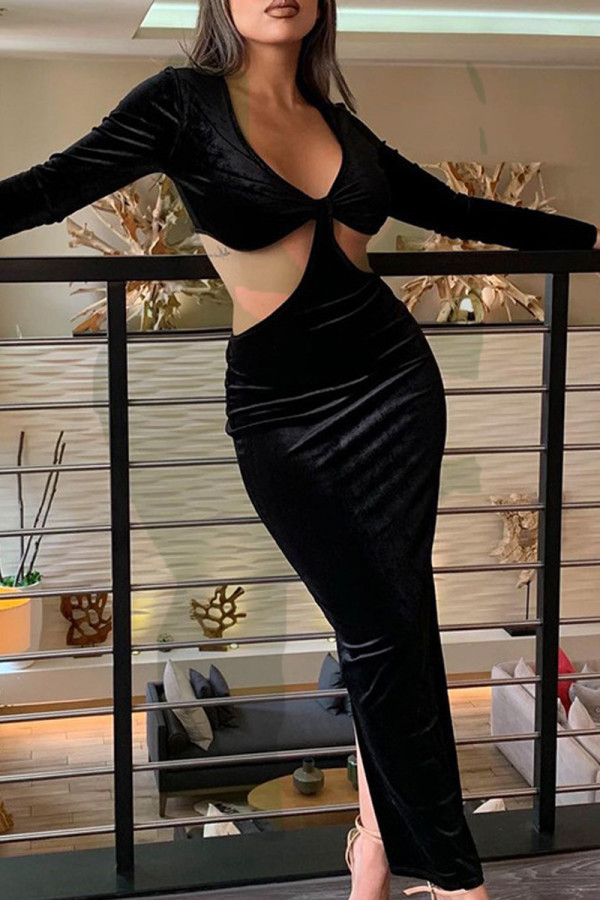 Black Fashion Sexy Solid Hollowed Out V Neck Long Sleeve Dresses
