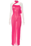 Rose Red Sexy Solid Patchwork Frenulum See-through Backless Asymmetrical Halter Irregular Dress Dresses