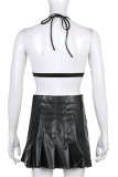Black Fashion Sexy Solid Bandage Backless Halter Sleeveless Two Pieces