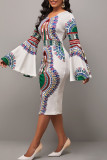 White Elegant Print Patchwork Slit V Neck One Step Skirt Dresses