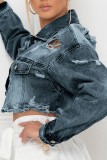 Deep Blue Casual Street Solid Ripped Make Old Split Joint Buckle Turndown Collar Long Sleeve Straight Denim Jacket