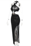 Black Sexy Solid Hollowed Out Backless Slit Halter Long Dress
