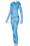 Blue Fashion Sexy Print Basic Hooded Collar Long Sleeve Dresses