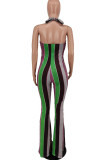 Tangerine Red Sexy Striped Print Bandage Patchwork Backless Halter Boot Cut Jumpsuits