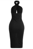 Red Fashion Sexy Patchwork Hollowed Out Backless Fold Halter Sleeveless Dress