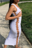 White Fashion Sexy Solid Hollowed Out V Neck Vest Dress