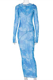 Blue Fashion Sexy Print Basic Hooded Collar Long Sleeve Dresses