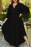 Black Fashion Casual Plus Size Solid Basic V Neck Lantern Sleeve Long Dress