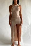 Bare Color Sexy Casual Solid Slit O Neck Vest Dress