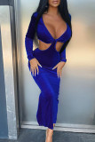 Blue Fashion Sexy Solid Hollowed Out V Neck Long Sleeve Dresses