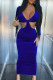 Blue Fashion Sexy Solid Hollowed Out V Neck Long Sleeve Dresses