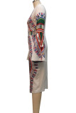 White Elegant Print Patchwork Slit V Neck One Step Skirt Dresses