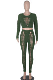 Black Sexy Solid Hollowed Out Split Joint O Neck Long Sleeve Two Pieces