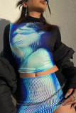 Blue Sexy Street Print Patchwork Slit Turtleneck Long Sleeve Two Pieces