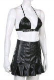 Black Fashion Sexy Solid Bandage Backless Halter Sleeveless Two Pieces
