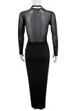 Black Fashion Sexy Patchwork See-through Slit Halter Long Sleeve Dresses
