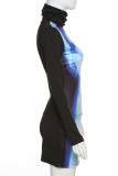 Blue Sexy Street Print Patchwork Slit Turtleneck Long Sleeve Two Pieces