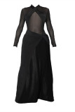 Black Fashion Sexy Patchwork See-through Slit Halter Long Sleeve Dresses