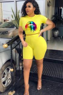 Yellow Sexy Print Straight Short Sleeve Two-Piece Short Set