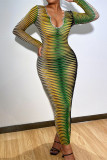 Green Fashion Sexy Print See-through V Neck Long Sleeve Dresses