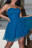 Blue Elegant Solid Patchwork Strapless A Line Dresses