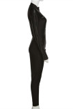 Black Fashion Casual Solid Patchwork Zipper Zipper Collar Skinny Jumpsuits