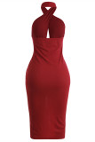 Red Fashion Sexy Patchwork Hollowed Out Backless Fold Halter Sleeveless Dress