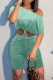 Light Green Fashion Casual Print Bandage Oblique Collar Short Sleeve Two Pieces