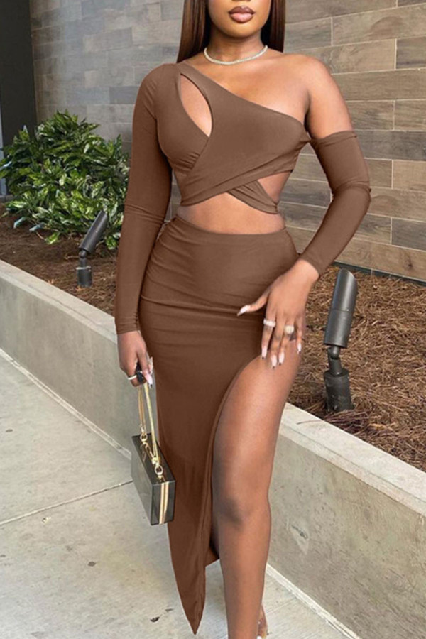 Coffee Sexy Solid Hollowed Out Patchwork Slit Asymmetrical Oblique Collar Long Sleeve Two Pieces