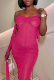 Rose Red Sexy Solid Patchwork Frenulum See-through Backless Asymmetrical Halter Irregular Dress Dresses