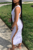 White Fashion Sexy Solid Hollowed Out V Neck Vest Dress