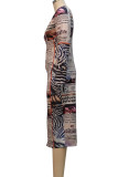 Multicolor Casual Print Patchwork Zipper O Neck One Step Skirt Dresses