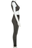 Black Sexy Solid Hollowed Out Patchwork O Neck Sleeveless Two Pieces