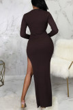 Coffee Sexy Solid Patchwork Slit V Neck One Step Skirt Dresses