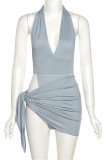 Blue Fashion Sexy Solid Backless Halter Sleeveless Two Pieces